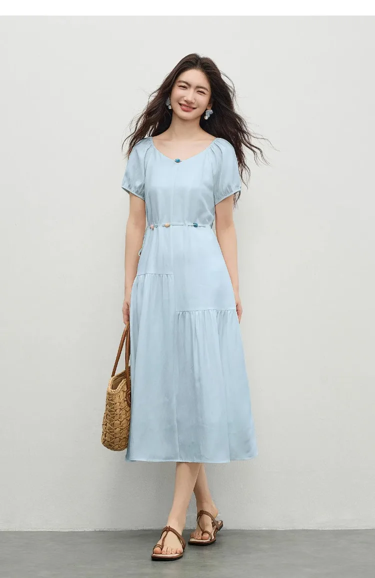 SENTUBILA Damen A-Linien-Kleid, weiß, V-Ausschnitt, asymmetrischer Schnitt, farblich abgesetzte Details, mit Perlen verziert, mit Bändern, kurze Puffärmel, Kleid 162LO5948 – Detail 28