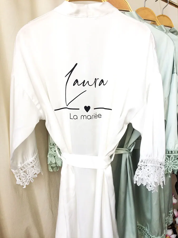 La Mariée White Kimono Demoiselle D’Honneur Robes with Name Gowns for Bride Green Sage Kimono Custom Satin Robe Lace for Wedding