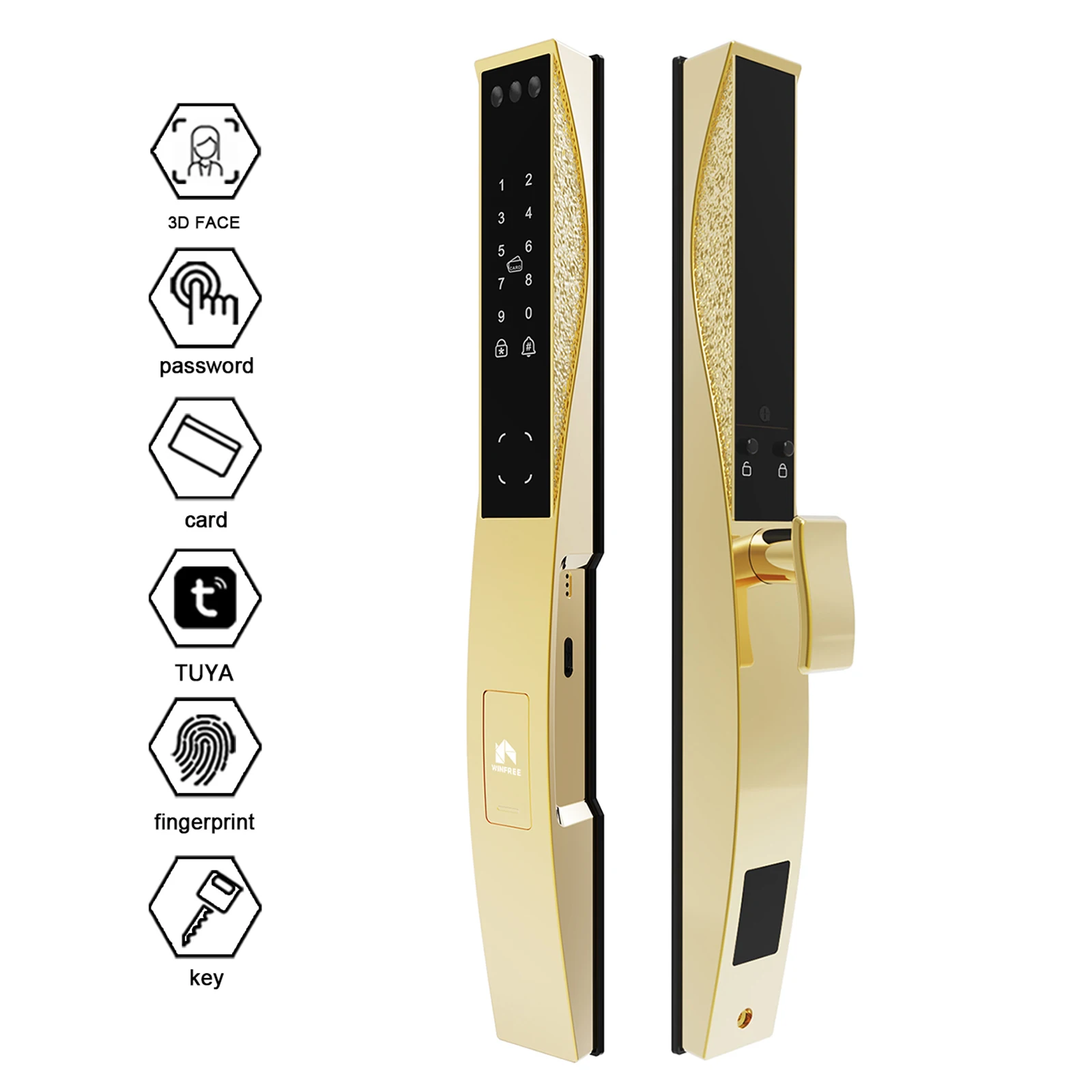 

Умный цифровой дверной замок WINFREE Tuya Wifi с тонкой рамкой, 3D-сканированием лица, кодовым доступом, отпечатком пальца и распознаванием вен ладони
