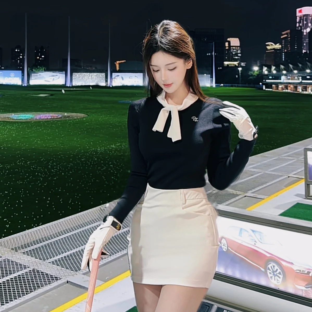 PL New Women Golf Knitted Shirts Long Sleeve Slim Sweater Bowtie Elastic Top Ladies Tennis Pencil Skirt Golf Skorts with Short