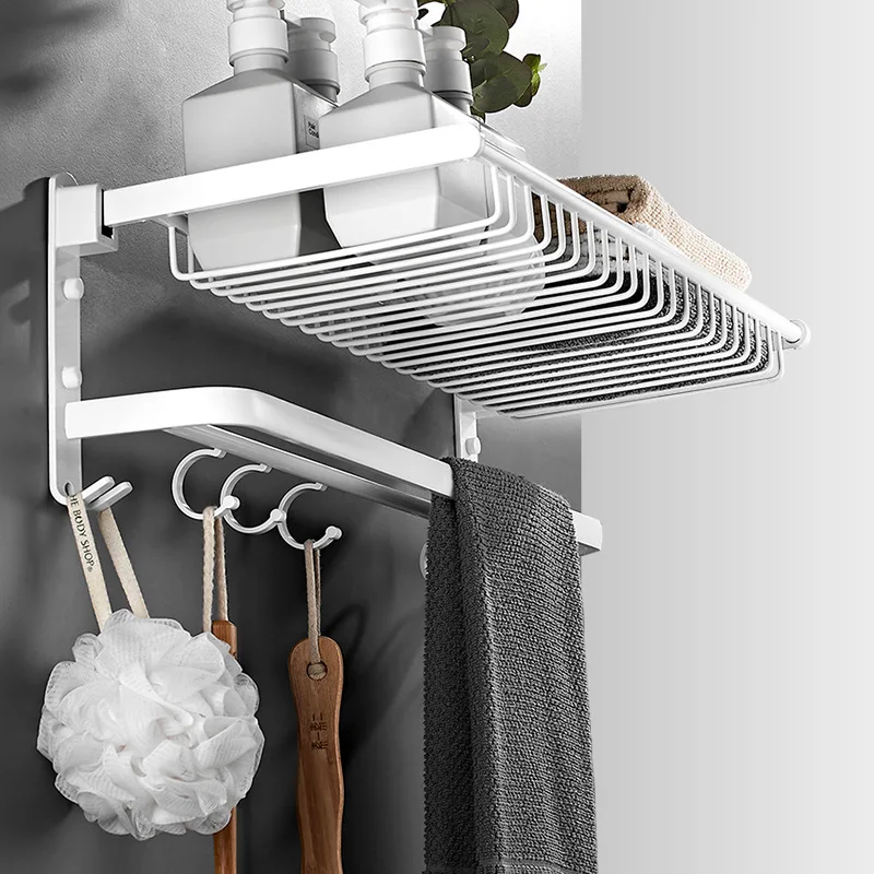 1Pc White Folding Towel Racks Hotel Robe Hooks Kitchen Wall Storage Hanger Net Basket Fixture Holder for Bathroom Accessories