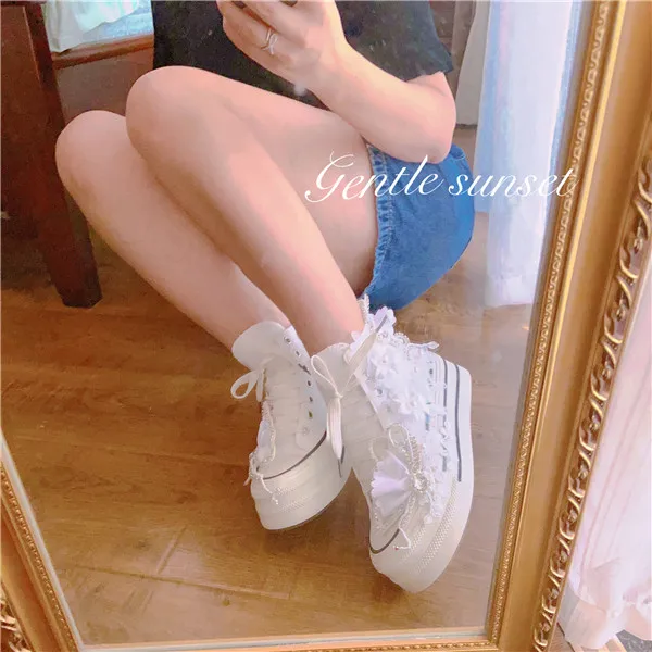 New Thick Bottom Lace Up Canvas Shoes Sweet Dingzhu Crystal Little White Shoes