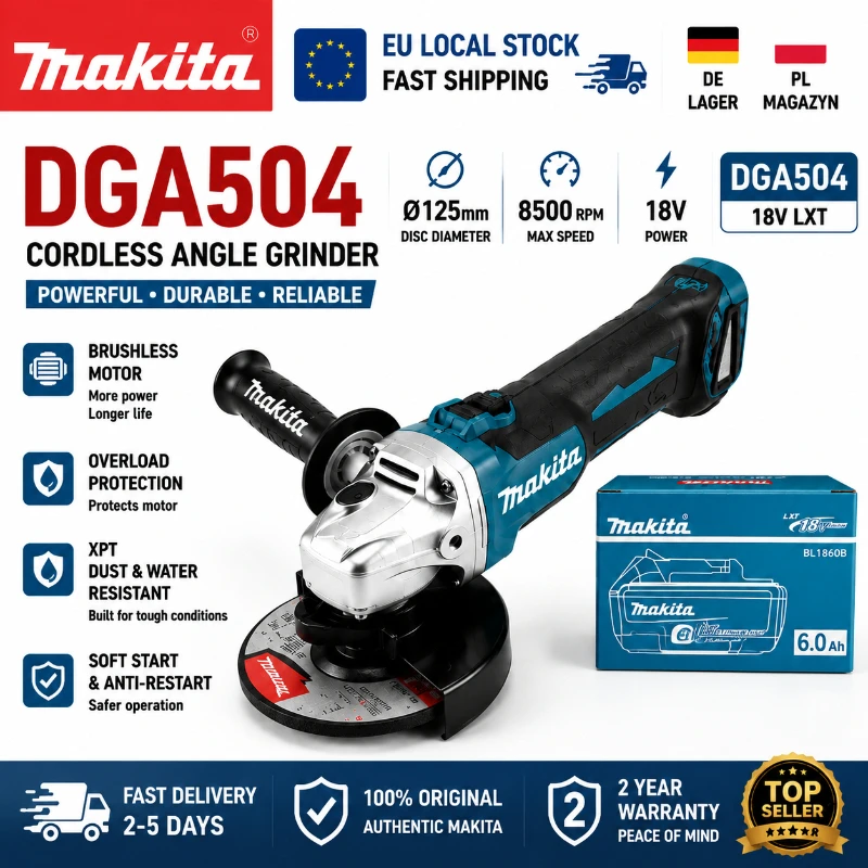 Original Makita DGA504 18V Bürstenloser Akku-Winkelschleifer 125mm LXT (ohne Akku und Ladegerät) Elektrowerkzeug EU-Lager Schneller Versand Kompatibel mit Makita BL1830 BL1840 BL1850 BL1860B 6.0Ah