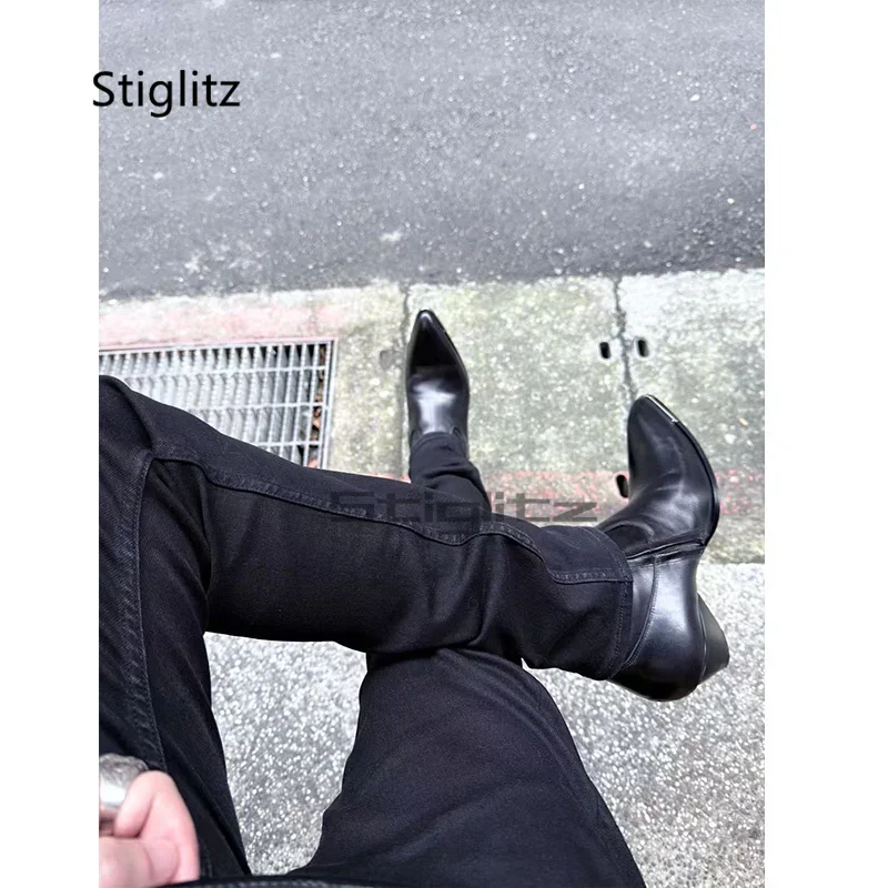5Cm High Heels Chelsea Boots for Men Pointed Toe Side Zip Retro