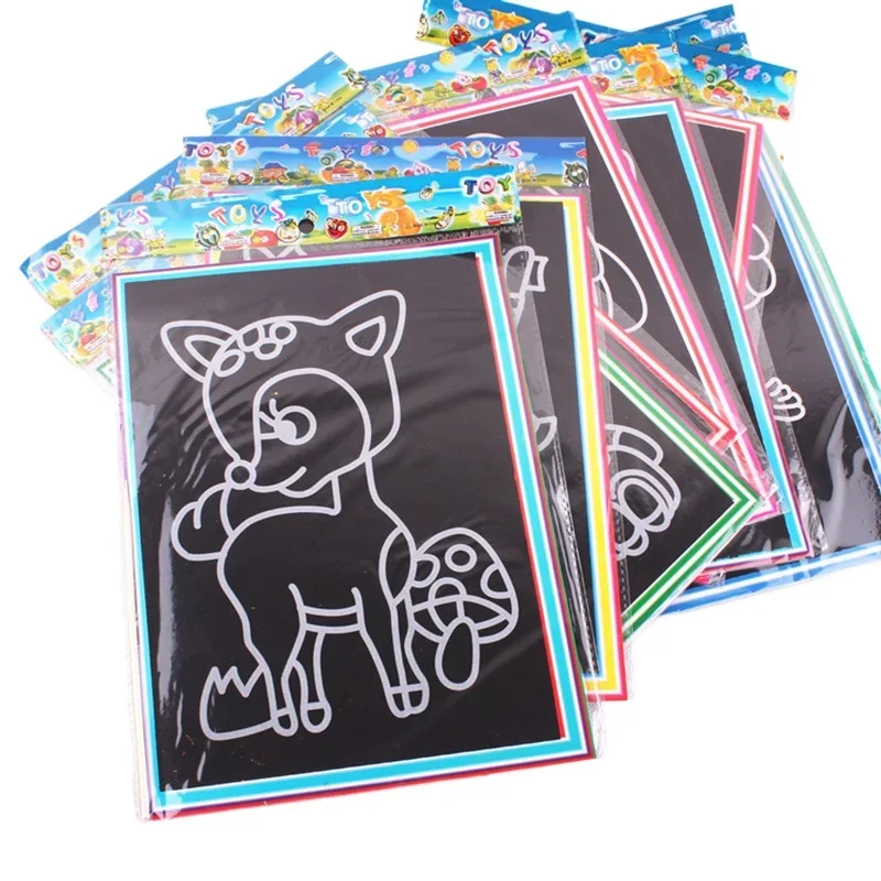 5-10pcs Scratch Art Paper Magic Painting Paper with Drawing Stick For Kids Toy Pinata school Stationery Gift Pack Party Favors