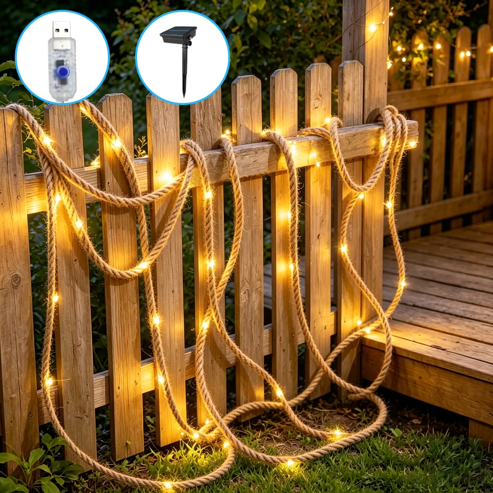 

Solar Hemp Rope Light String Copper Wire Light Outdoor Courtyard Light String Ambient Light Garden Decorative Light String