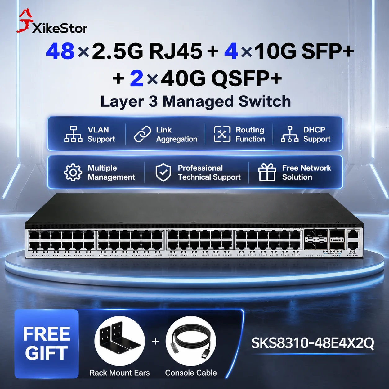 XikeStor L3 マネージド2.5Gネットワークスイッチ 48ポート + 4x 10G SFP+ + 2x 40G、ラックマウントVLAN、リンクアグリゲーション、スタティックルーティング対応