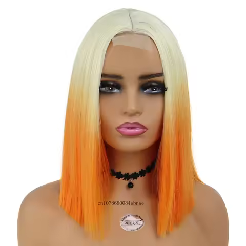 Lace Front Bob Cosplay Wig Synthetic Hair Shoulder Length Ombre Orange Straight Wigs for Women Heat Resistant Costume Anime Wig