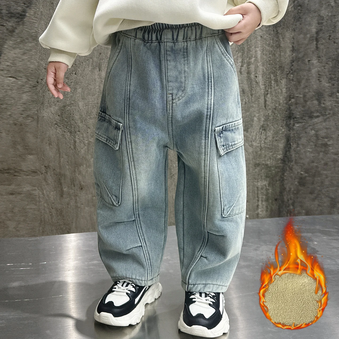 Kids Cargo Jeans Washed Light Blue Distressed Baggy Denim Pants Elastic Waist Warm Fleece Lined Multi Pockets Casual Streetwear