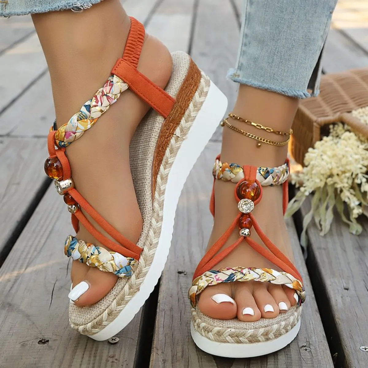 Fashion T-Strap Platform Sandals for Women New Mix Color Elastic Band Wedge Sandals Woman Summer Daily Open Toe Sandalias Female view 5