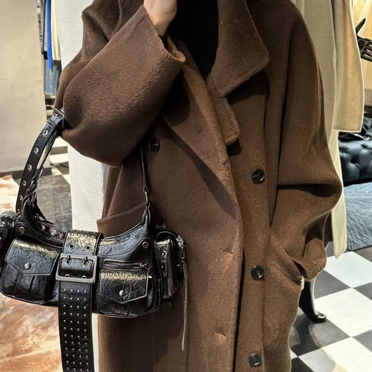 Black Rivet Motorcycle Bag - Y2K Punk Underarm Shoulder Bag with Belt Buckle, Mini Crossbody Bag Grunge Streetwear Handbag