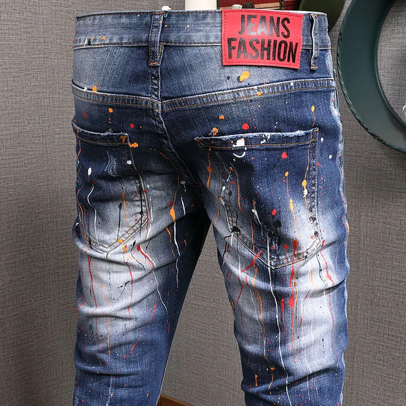 Streetwear Fashion Men Jeans Retro Blue Stretch Slim Fit Hole Ripped Jeans Men Painted Designer Hip Hop Vintage Pants Hombre