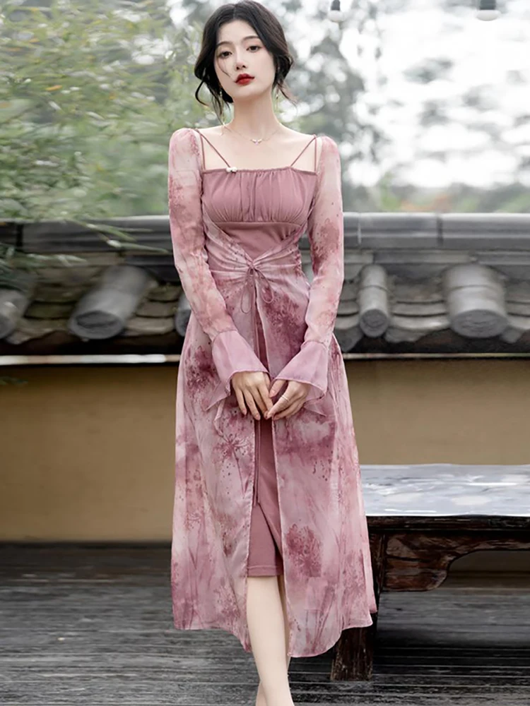 

Spring Autumn Purple Print Patchwork Fake Two Piece Dress 2025 Long Sleeve Square Collar Midi Dress Women Korean Elegant Dresses