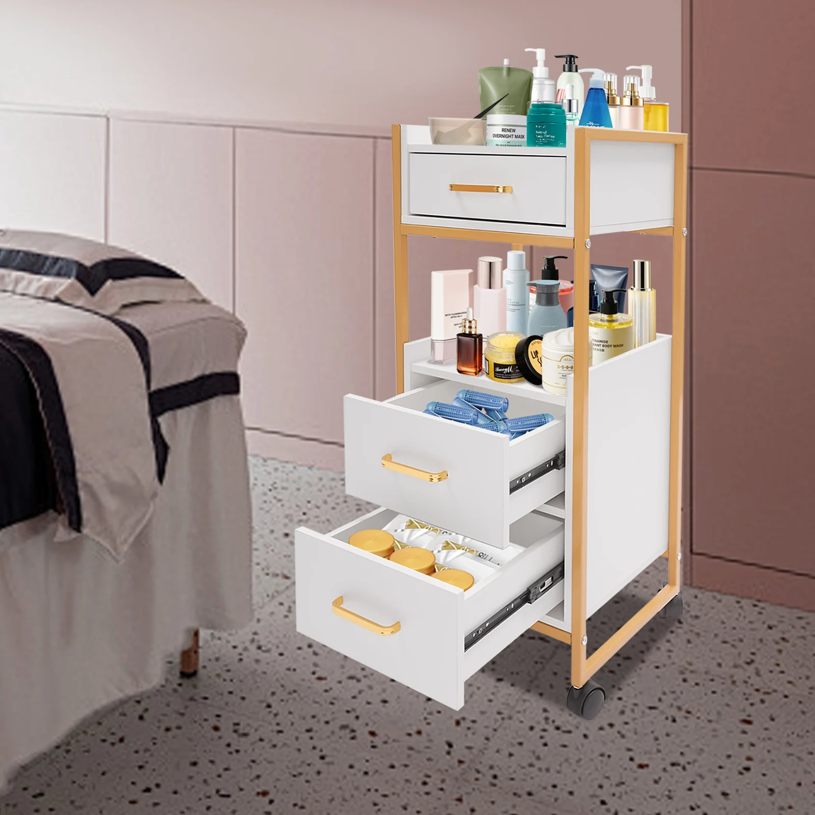 عربة صالون الحلاقة مع 3 أدراج وعجلات، منظم تخزين مستحضرات التجميل لخزانة الأدوات المتنقلة باللون الأبيض الذهبي لمصففي الشعر #3