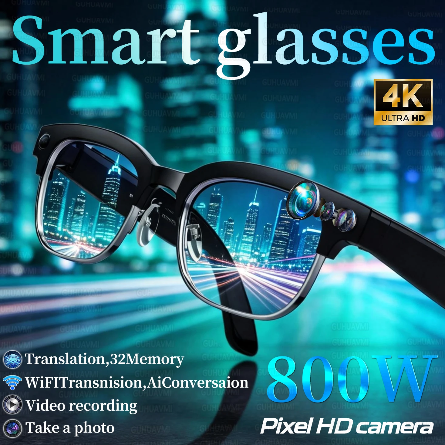 4K Ultra HD Smart Glasses with 800W Pixel Camera  32GB Memory AI Translation & WiFi Transmission for Video Recording Men Women