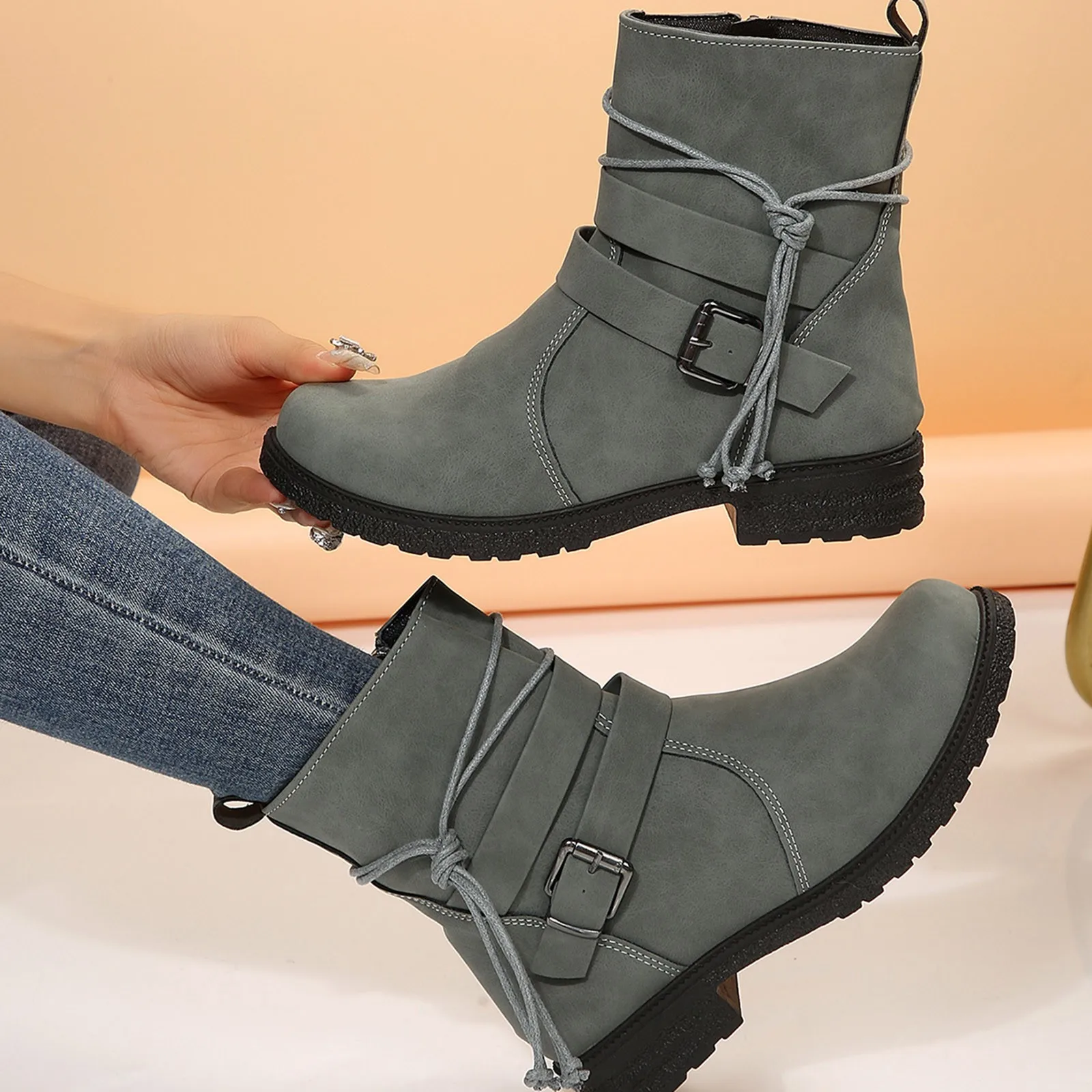 Buckle Belt Decor Zipper Side Faux Suede Combat Boots 2023 New Women Boots Large Size Fashion Casual Comfort Female Booties