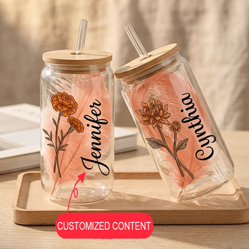 Personalized Birth Flower Glass Can Cup Custom Name Print 16oz Iced Coffee Cup with Bamboo Lid Straw Birthday Gift for Ladies