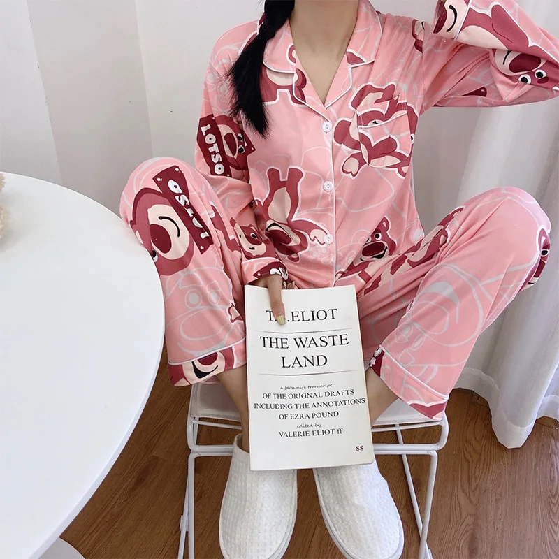 Pajamas Women\'s DisneySpring Autumn Student Pajamas Long Sleeve Long Pants Cardigan Cartoon Pajamas Household Suit 2 Pieces Set