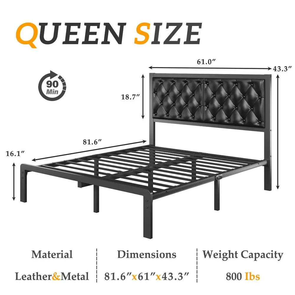 Queen Bed Frame with Upholstered Button Tufted Headboard, Bed Frame Platform Metal Slats Support, Under Bed Storage, No Box Spr
