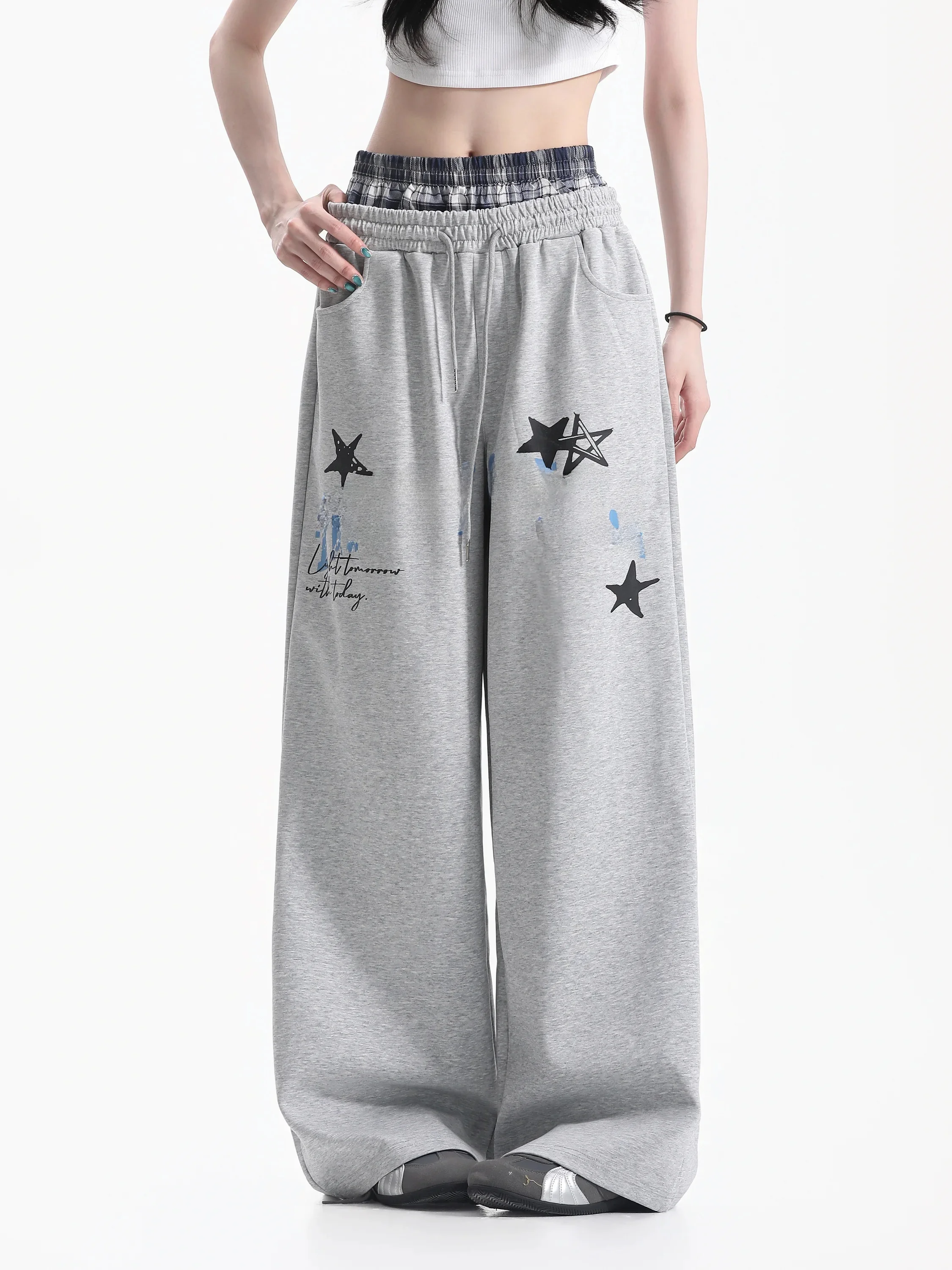 American Style Hot Girl Loose Wide Leg Pants Fake Two-Piece Drawstring Straight Leg Sweatpants Casual Cotton Blend Trousers
