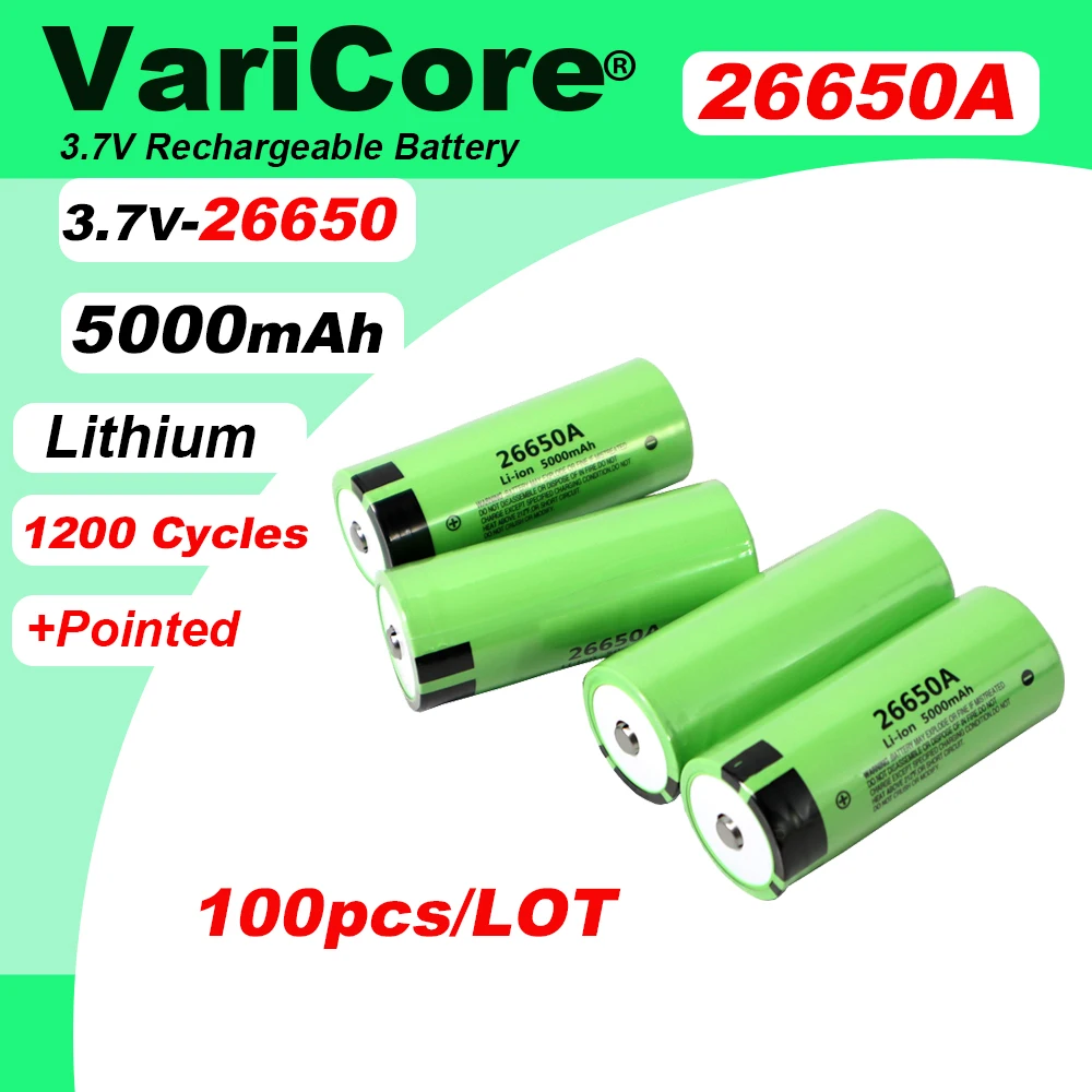 

100PCS 26650A 3.7V 5000mAh 20A power Rechargeable lithium Battery Suitable +Pointed for flashlight