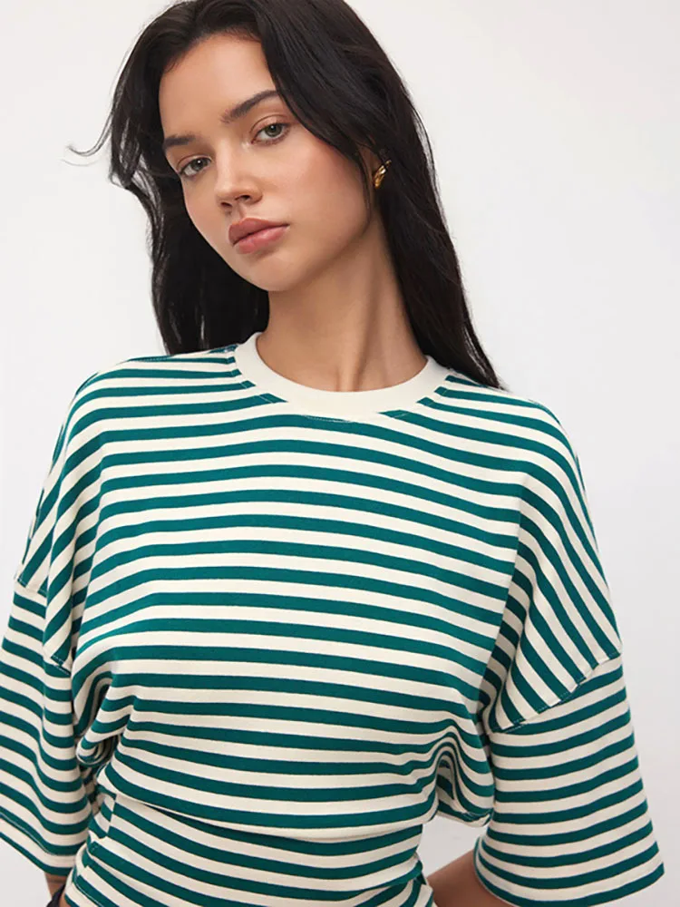 Julissa mo impresso listrado em torno do pescoço camiseta feminina verde manga curta casual y2k camiseta feminina outono fino elegante streetwear