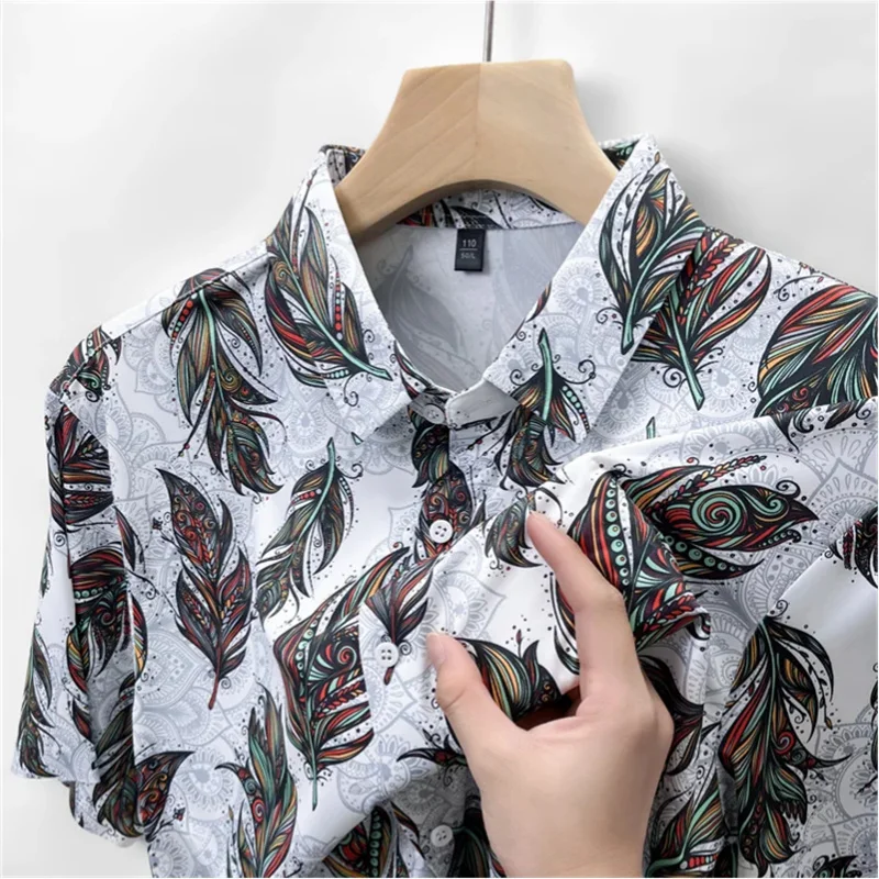 Digital Print Seamless Shirts For Men Short Sleeve Stretchy Silky Summer Quality Coolness Breathable Easy Care Camisas De Hombre