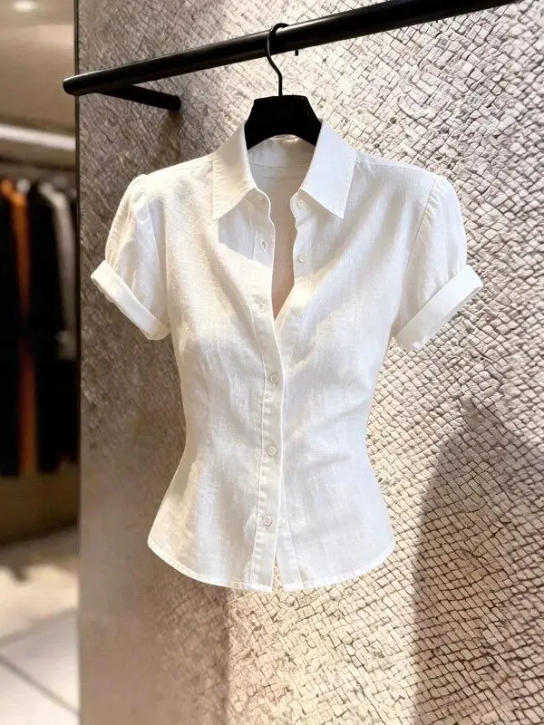 

White Slim Fit Short Sleeve Shirt Women's Summer Short Style Professional Commute Pure Desire Top Korean Style Breathable