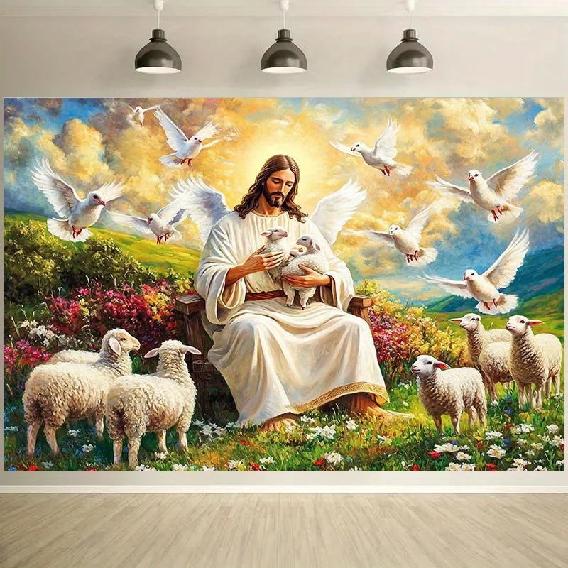 Heavenly Kingdom Tapestry Jesus with Dove Lamb and Floral Landscape Wall Decor Religious Backdrop for Baptism First Communion