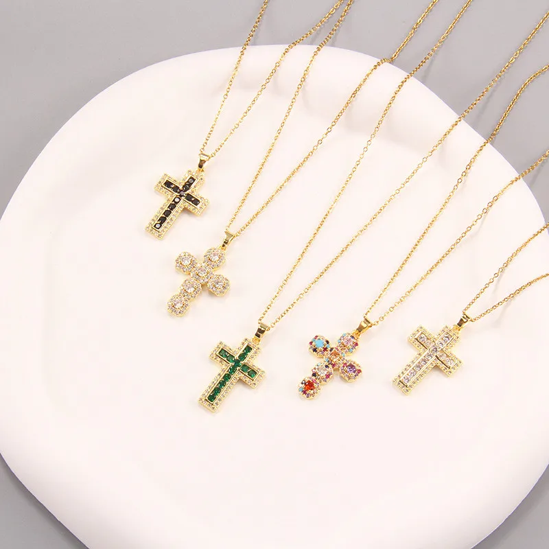 Fashion Colorful Zircon Cross Pendant Necklace Stainless Steel Classic Geometric Choker Jewelry Birthday Gifts For Women Girls