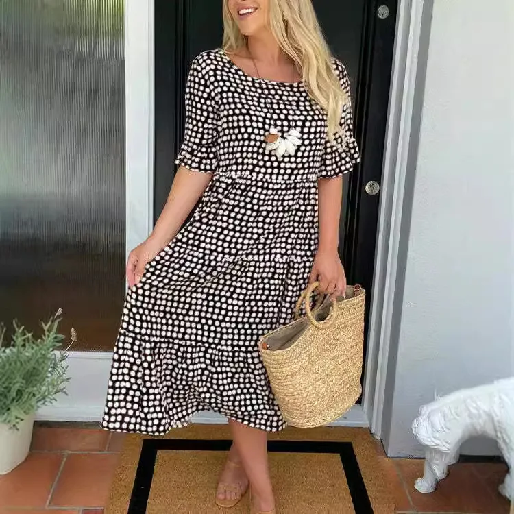 

Dresses Short Sleeve Women Print Dress Spliced Loose Fit Ankle Length High Waist O Neck Casual A Line Slight Strech Summer