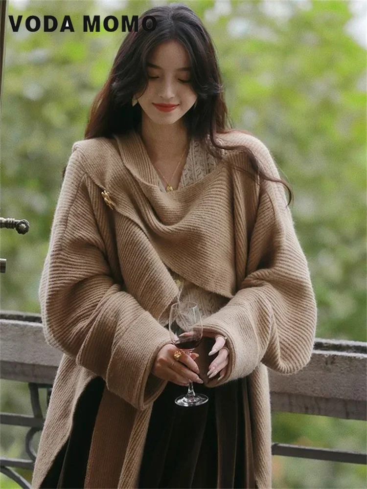 Vintage Cardigans Women Korean Style Elegant Slouchy Special Asymmetric Loose Fashion Girl Designed Knitted Long Sleeve Sweaters