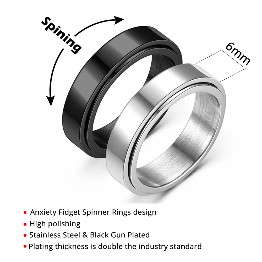 Anxiety Fidget Spinner Rings for Men 6mm Smooth Stainless Steel Spinning Rotating Ring for Women Anti Stress Jewelry Gift