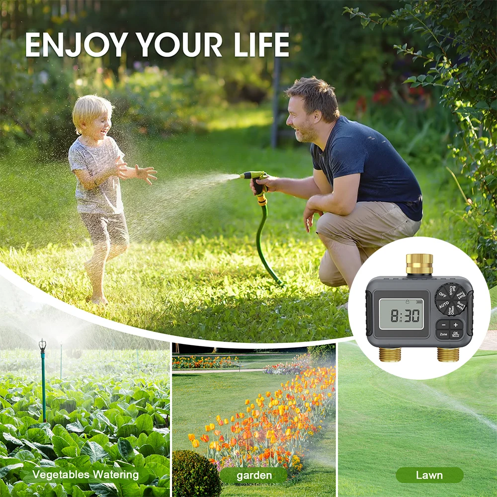 2-Outlet Mini Garden Water Timer Auto/Manual Drip Irrigation Controller with Rain Delay IPX5 Waterproof Timing Sprinkler System