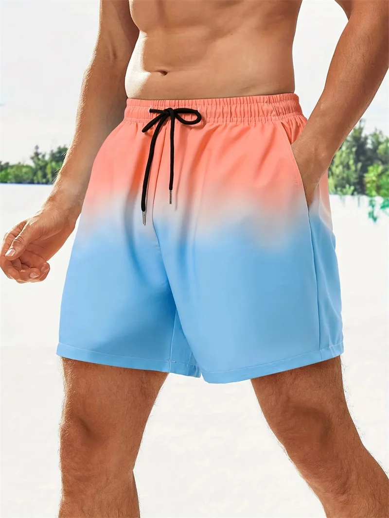 Gradient Color Men\'s Beach Shorts 3D Printed Holiday Swim Trunks Drawstring Sports Gym Plus Size Summer Loose Short Pants