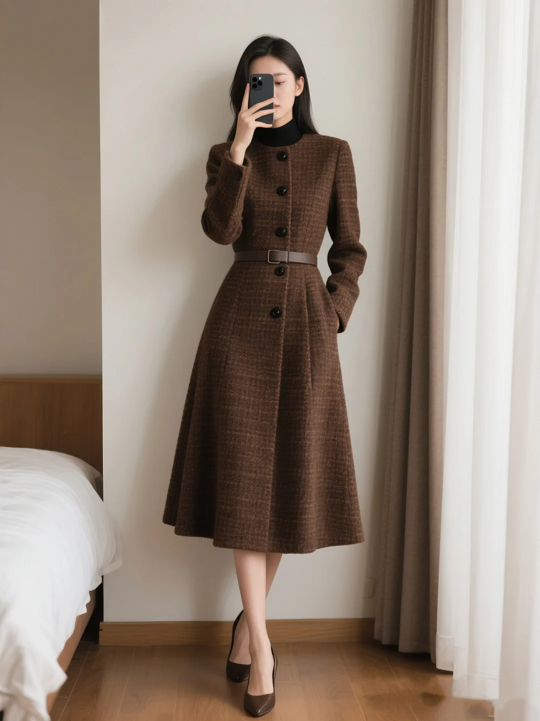 

Женское шерстяное платье Ele для осени и зимы: модное, приталенное, с высокой талией, А-силуэт, на одной пуговице, с длинным рукавом и круглым вырезом