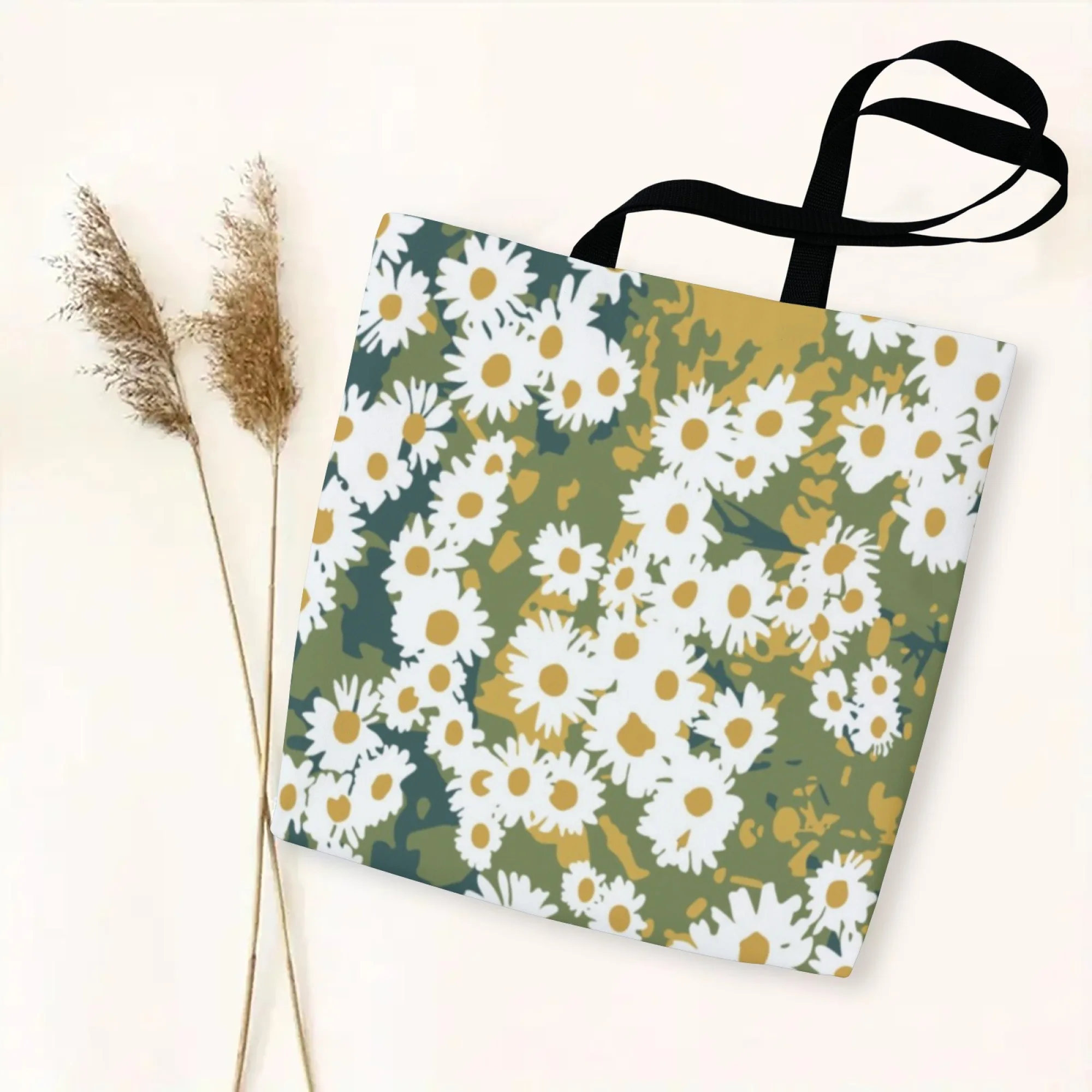 Borsa tote in tela margherita stile terroso Borsa a tracolla dal design floreale verde per donna Eco adatta per picnic primaverili Viaggi floreali