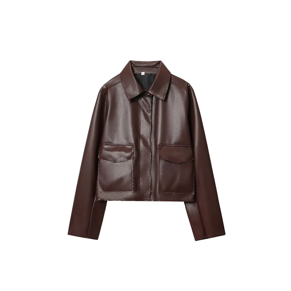 

Осенняя новая женская одежда, простая свободная куртка из искусственной кожи с длинными рукавами и карманами, короткая куртка