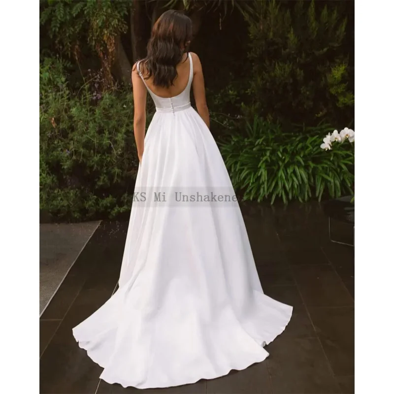 Hot Sell White Cheap Wedding Dress 2024 Square Satin Bridal Dresses Women Backless Beach Wedding Gowns Boho Robe De Mariee