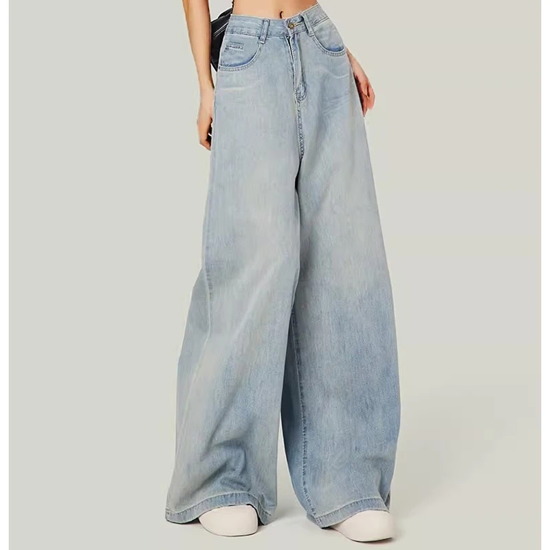 ผู้หญิงสูงเอวเสื้อผ้าแฟชั่น Baggy กางเกงยีนส์หญิง Vintage ขนาดใหญ่กางเกงขากว้างหญิง Gothic Light Blue ความงามกางเกง