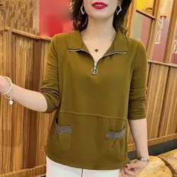 Casual Autumn Winter Zipper Spliced Pullovers Fashion Solid Color Pockets All-match V-Neck Women's Clothing Korean Loose T-shirt