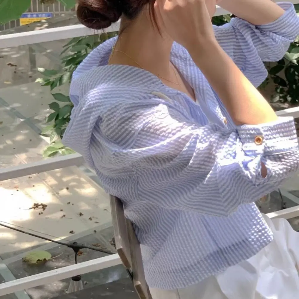 

Fashion Drawstring Striped Hooded Shirt Sunscreen Loose Long Sleeved Shirt Retro Chic Sweatshirts for Women Streetwear