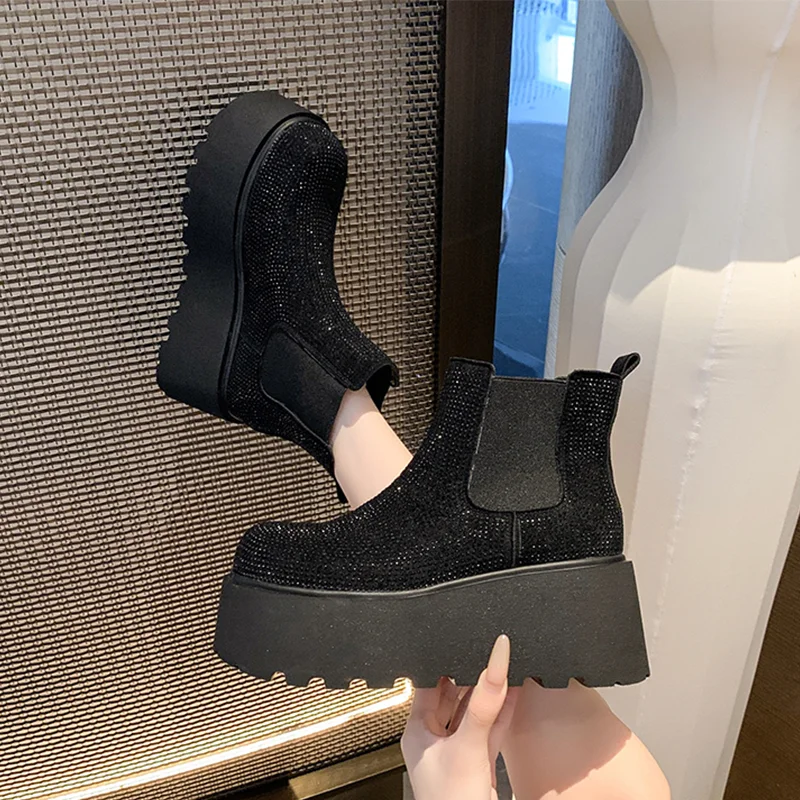 Quality Crystal Platform Ankle Boots Women's High Heels Luxury Shoes Winter Fad Elegant Chelsea Boots New Dress Cozy Mujer Botas view 4