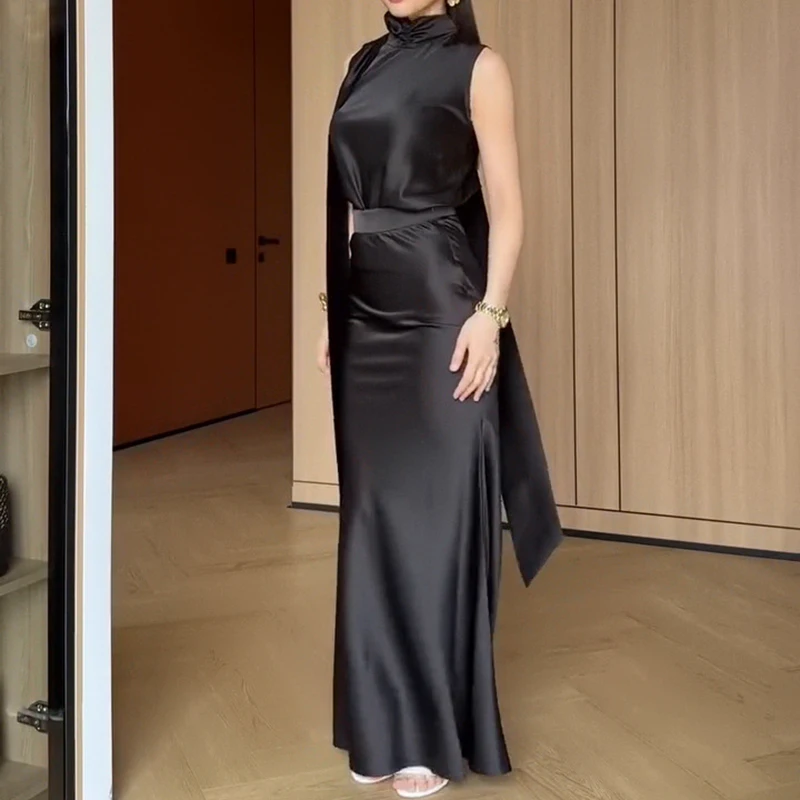 

Summer New Ribbon Hollow Out Set Temperament Solid Sleeveless Tops&Half Skirts Satin Set Elegant Lady Simple Slim Commute Outfit