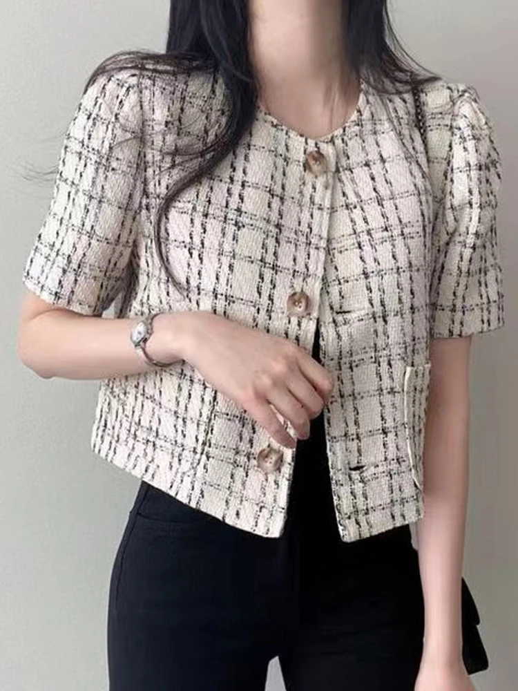 Abrigo corto e para mujer, cárdigan abierto de Tweed hoado con cuello redondo fino y doble bolsillo, Top estilo viaj...