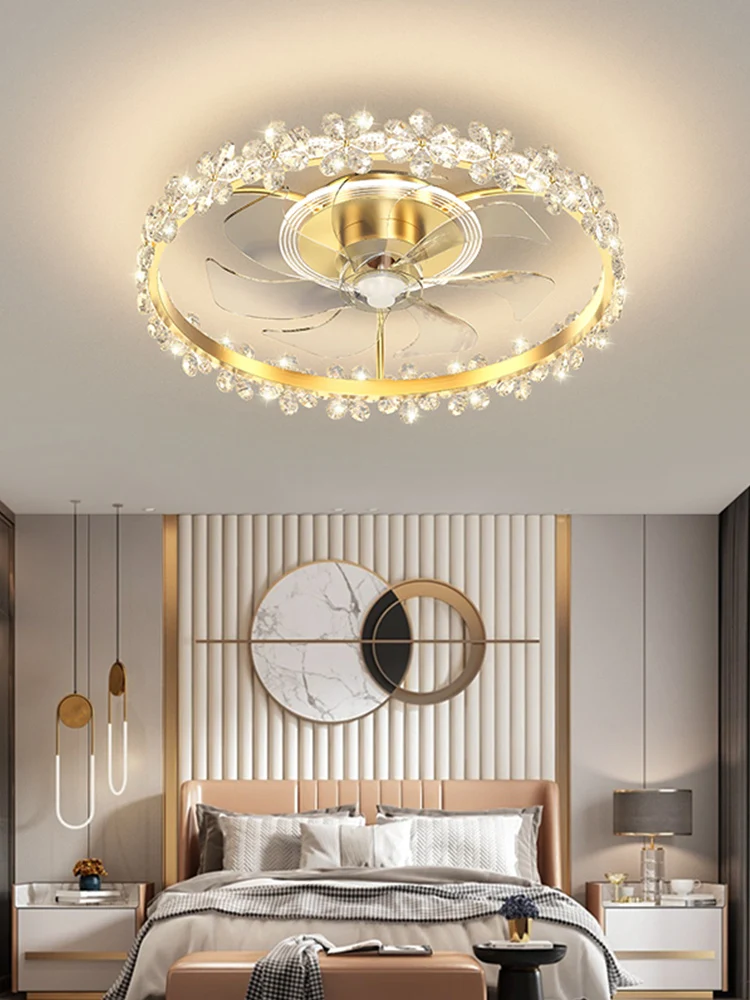 

Nordic Light Luxury Crystal Fan Lamp 2023 New Mute Invisible Ceiling Restaurant Bedroom Light Fan Integrated Children's Light