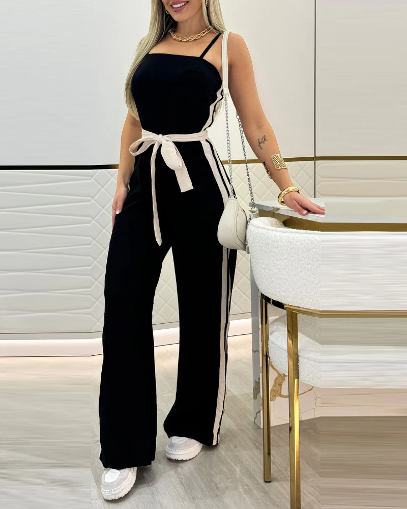 Women's Jumpsuit Casual Fashion Overalls Contrast Paneled Striped Spaghetti Strap High Waisted Tie Details Straight Jumpsuit