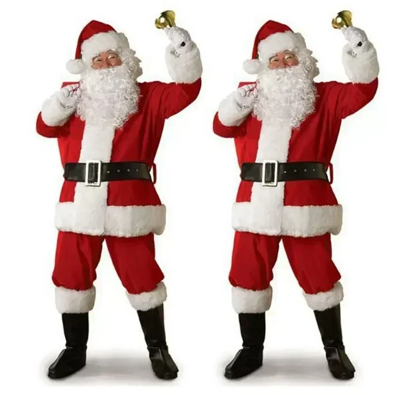 Kerst Santa Claus Cosplay Kostuum Klassiek Rood Deluxe Fluweel Xmas Mannen Santa Claus Vermomming Pak Kerst Nieuwjaarsfeest