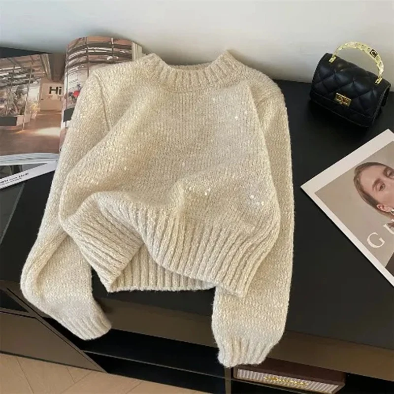 Sequins Knitted Sweaters for Women Autumn Loose Thick Long Sleeve Crop Pullover Female Korean All Match O Neck Jumper Mujer