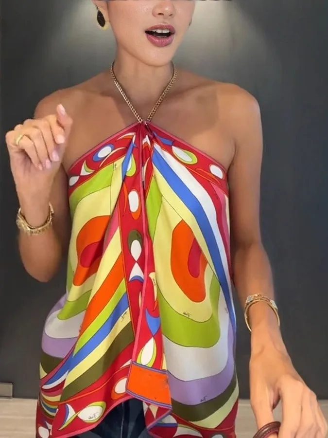 Printed Strapl Ne Hanging Women's Vest Casual Sle ort Length Hand-Painted Pattern No Brand A-Line Narrow oulder